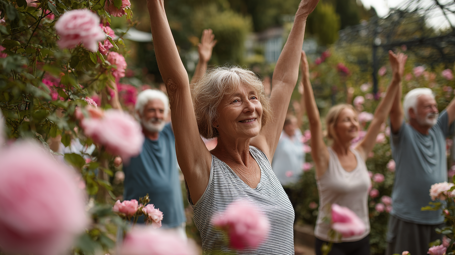 Grupo de adultos mayores practicando yoga en un ambiente sereno