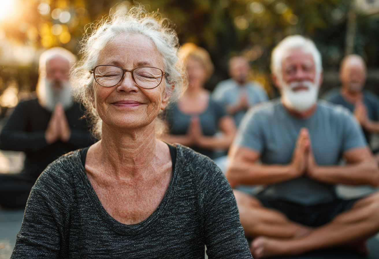 Instructor guiando a adultos mayores en una sesión de yoga